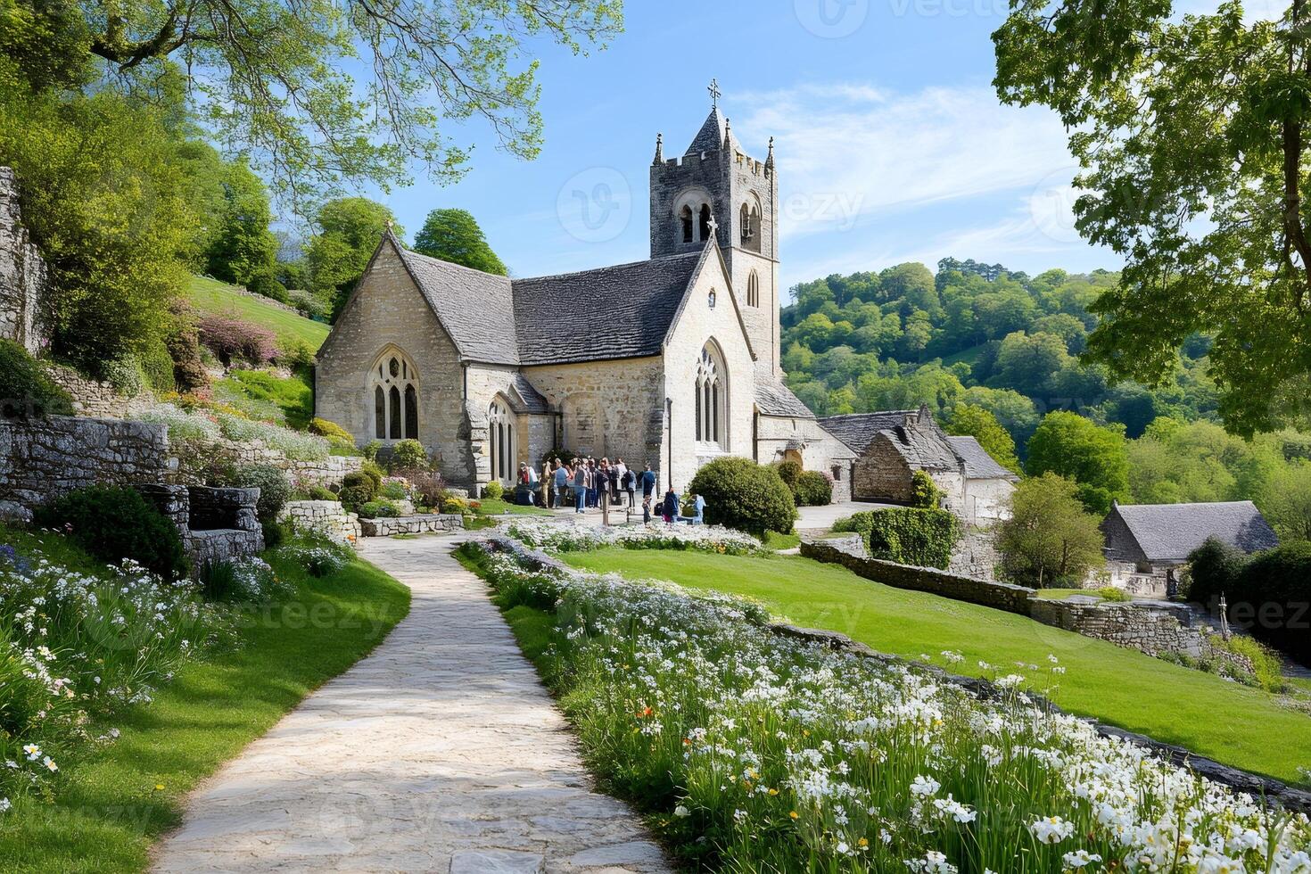 Tourists visiting the picturesque St Michael and All Angels Church in Castle Combe, England photo
