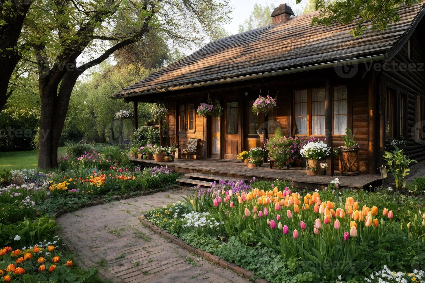 Wooden country house with blooming garden and tulips illuminating the path photo
