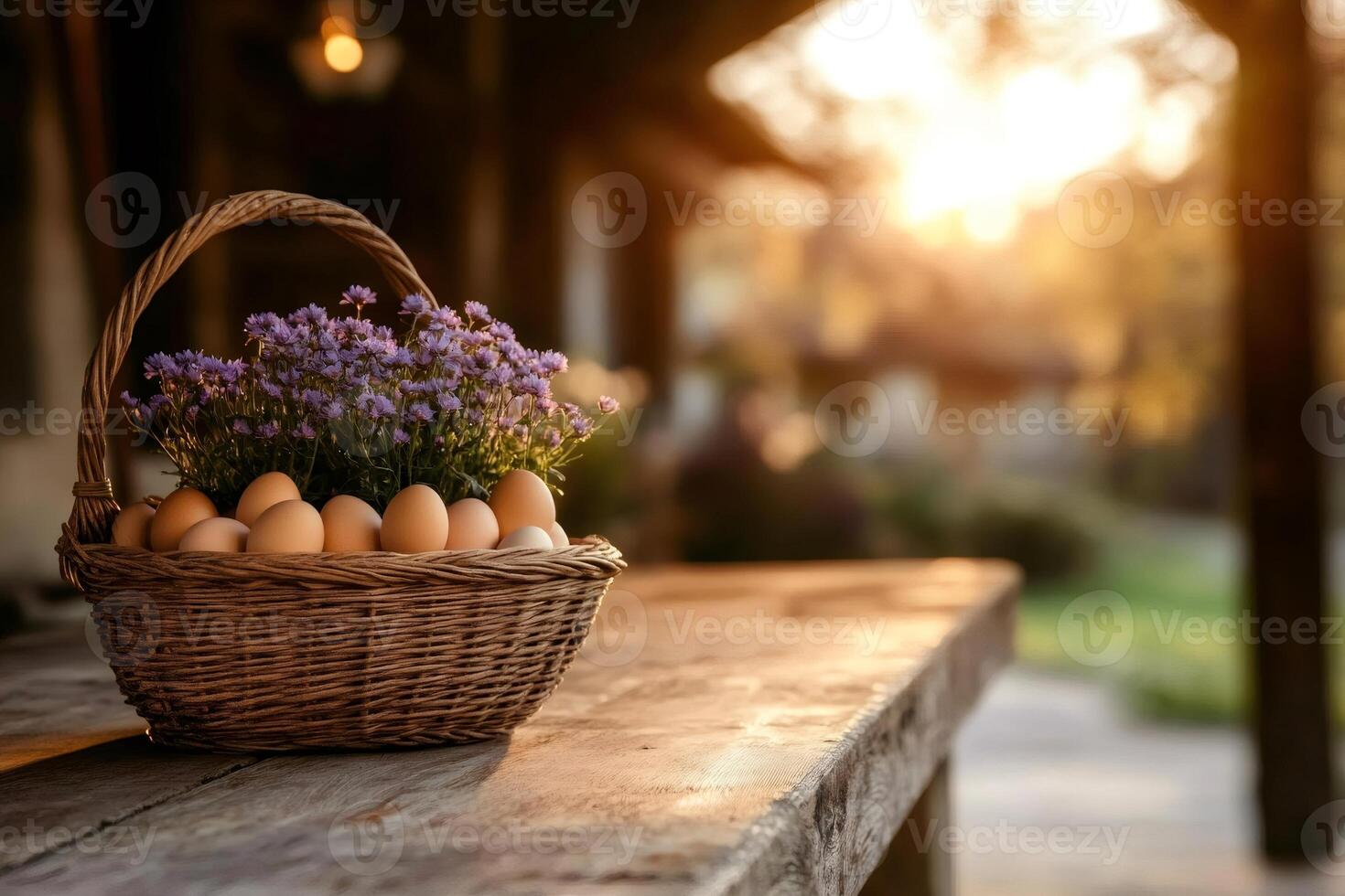 Wicker basket full of fresh eggs and purple flowers is standing on wooden table at sunset photo