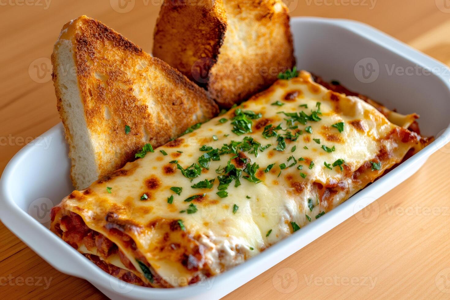 Lasagna with garlic bread showing italian cuisine concept photo