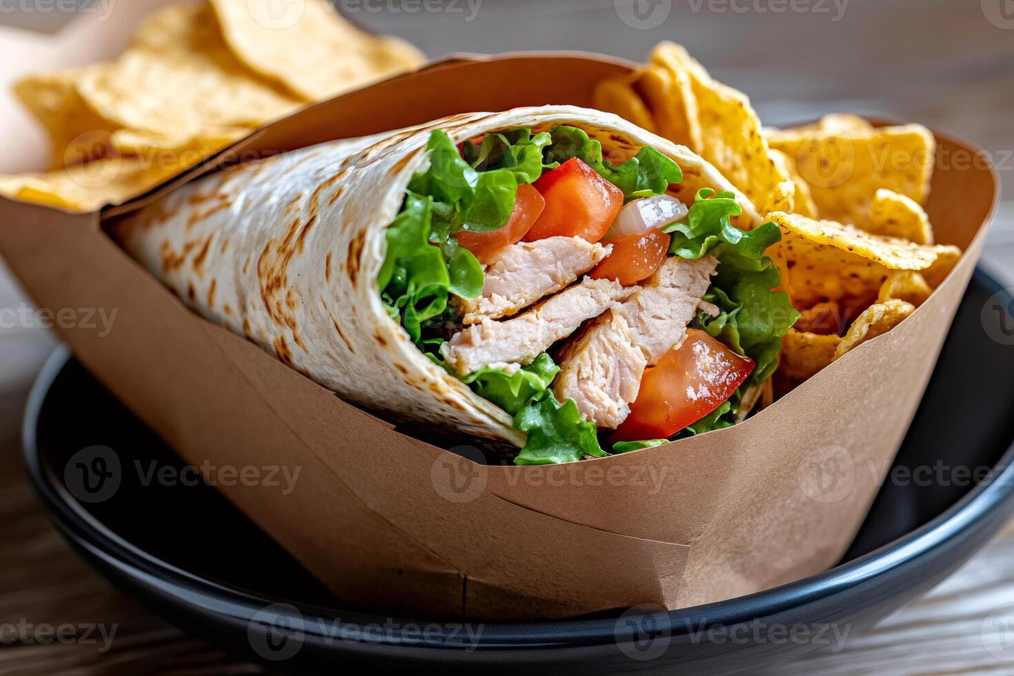 Chicken wrap with lettuce and tomato served with tortilla chips photo