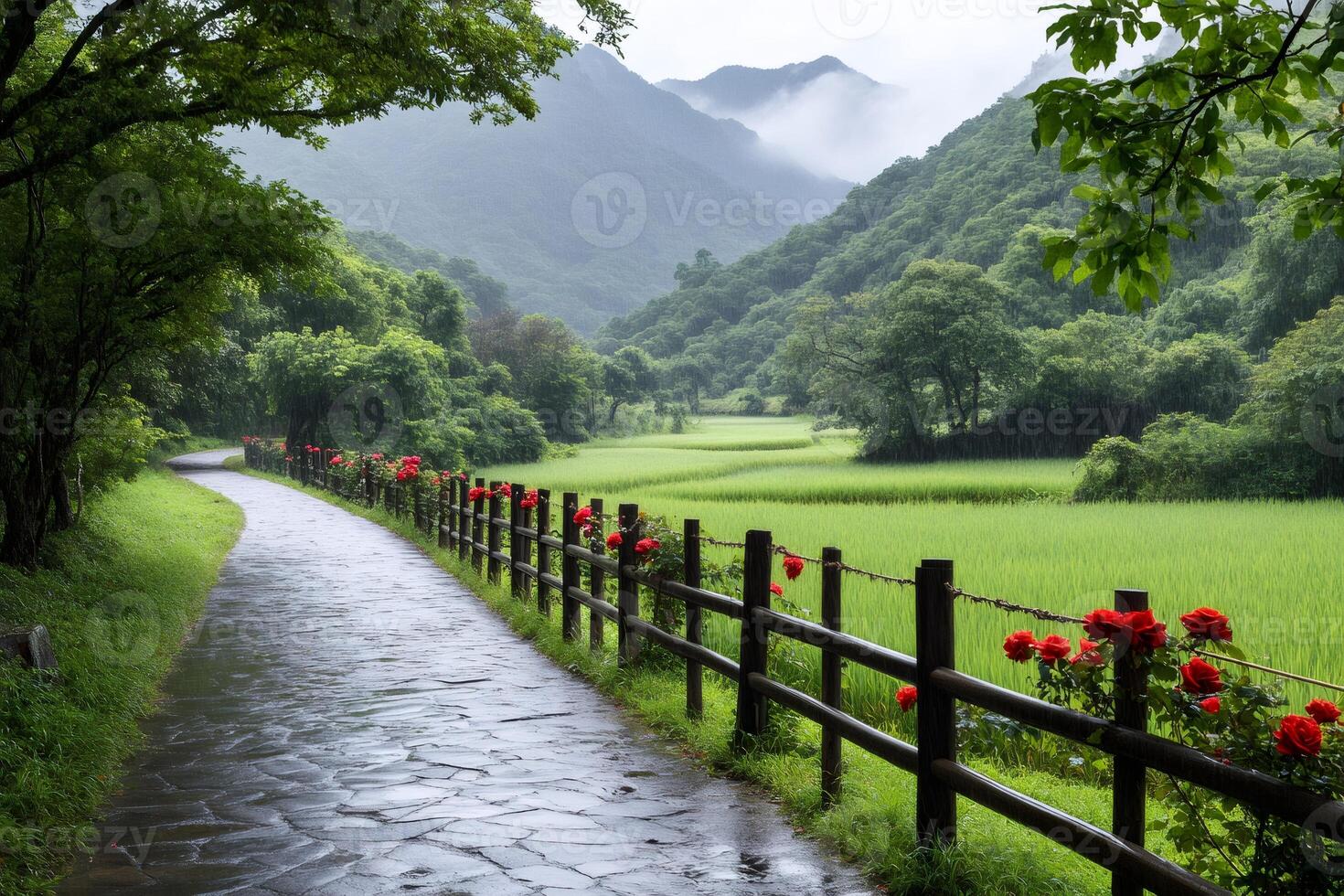 Stone path with red roses and wooden fence leading to misty mountains in the rain photo