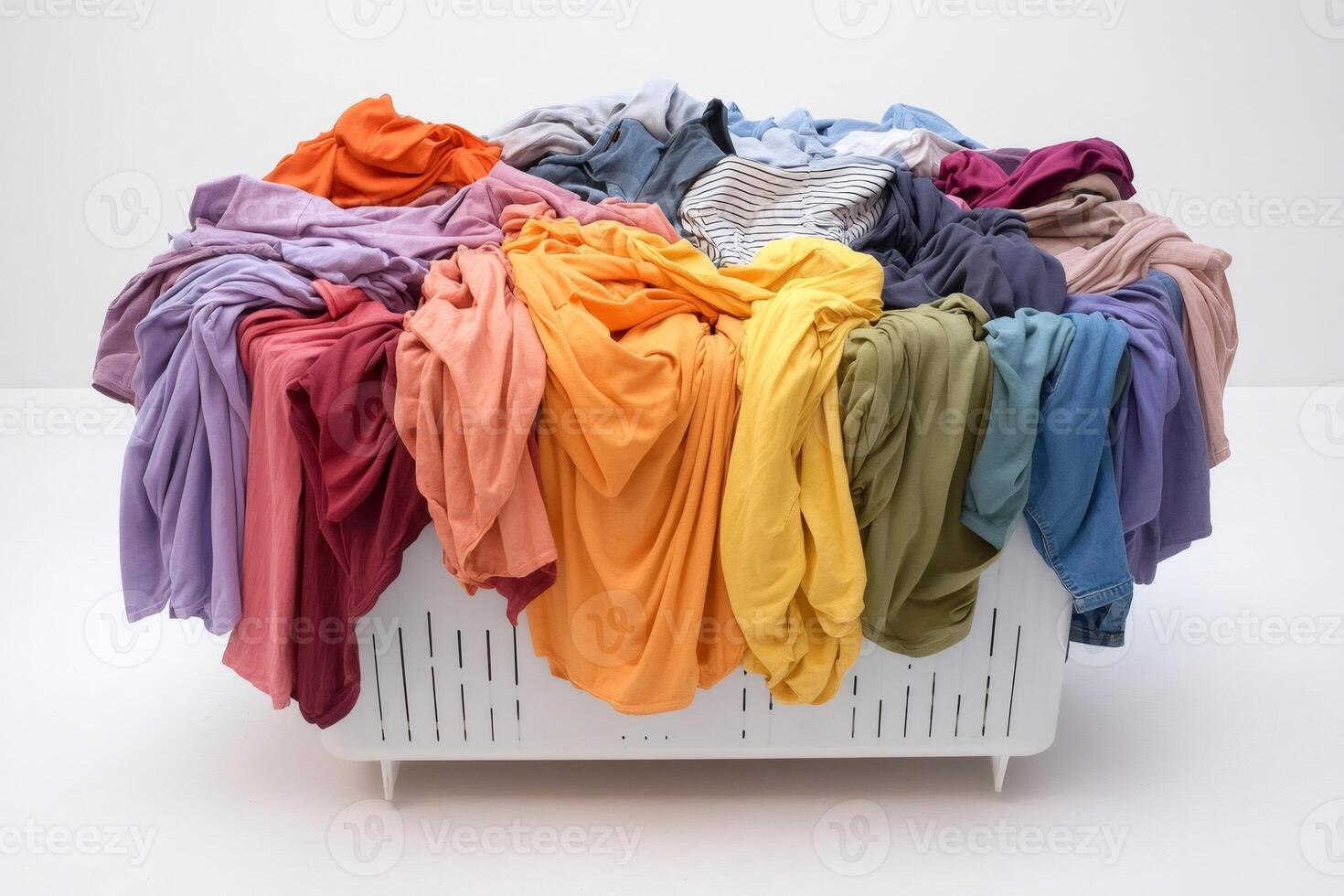 Overflowing laundry basket full of colorful clothes spilling onto floor photo