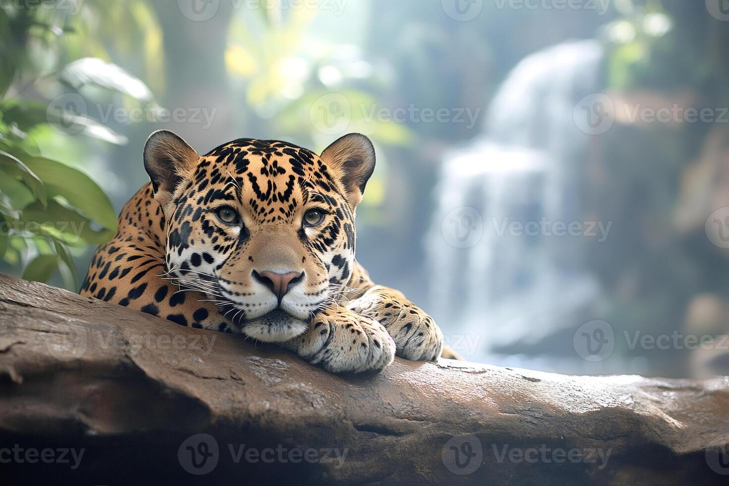 Jaguar resting on a rock near a waterfall in the jungle photo