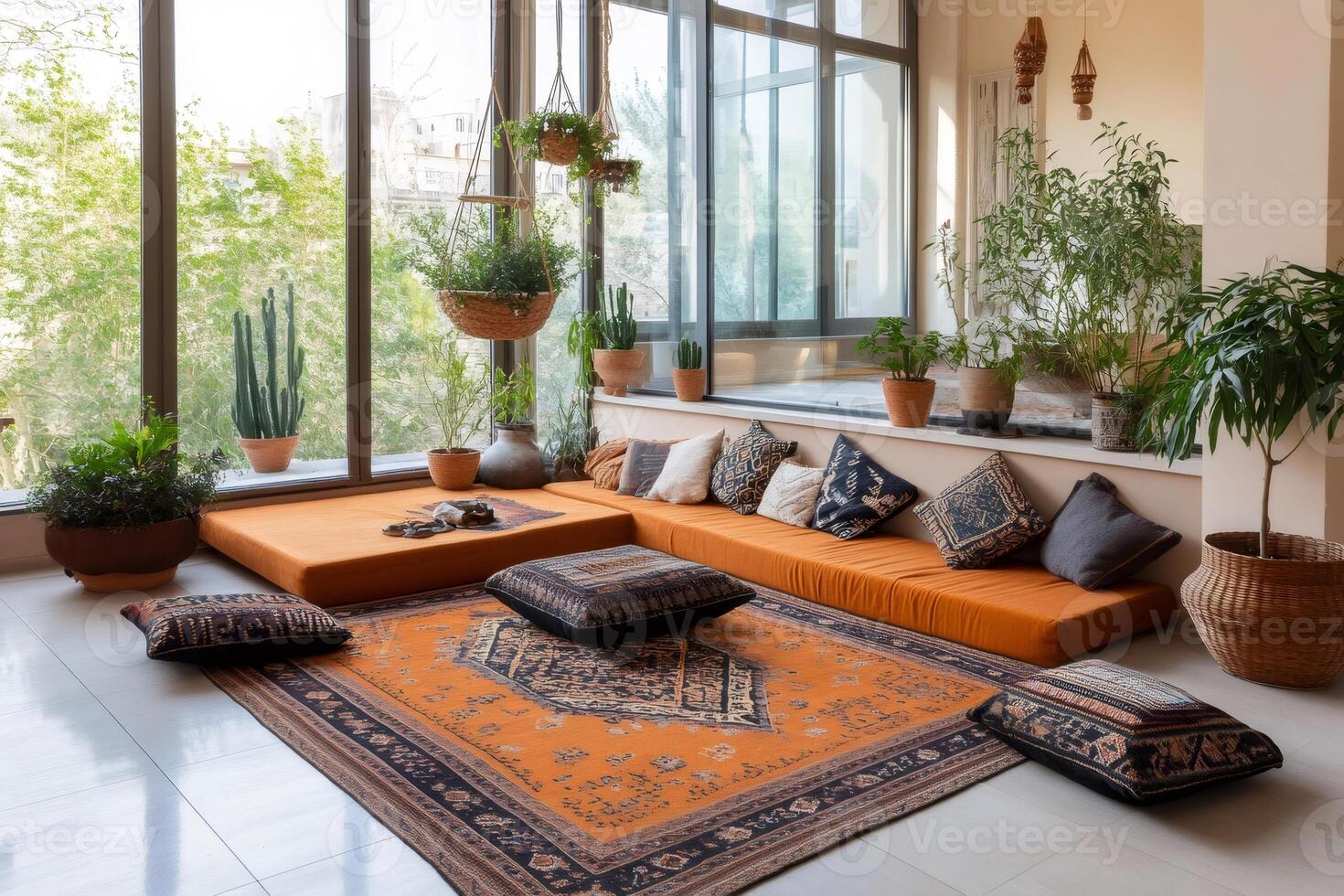 Bohemian style living room with orange futon sofa and patterned carpet photo