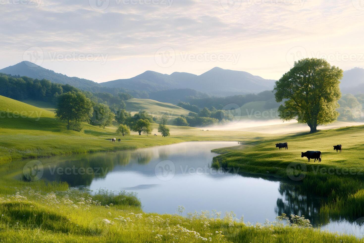 Cows grazing near calm river in a green valley at sunrise photo