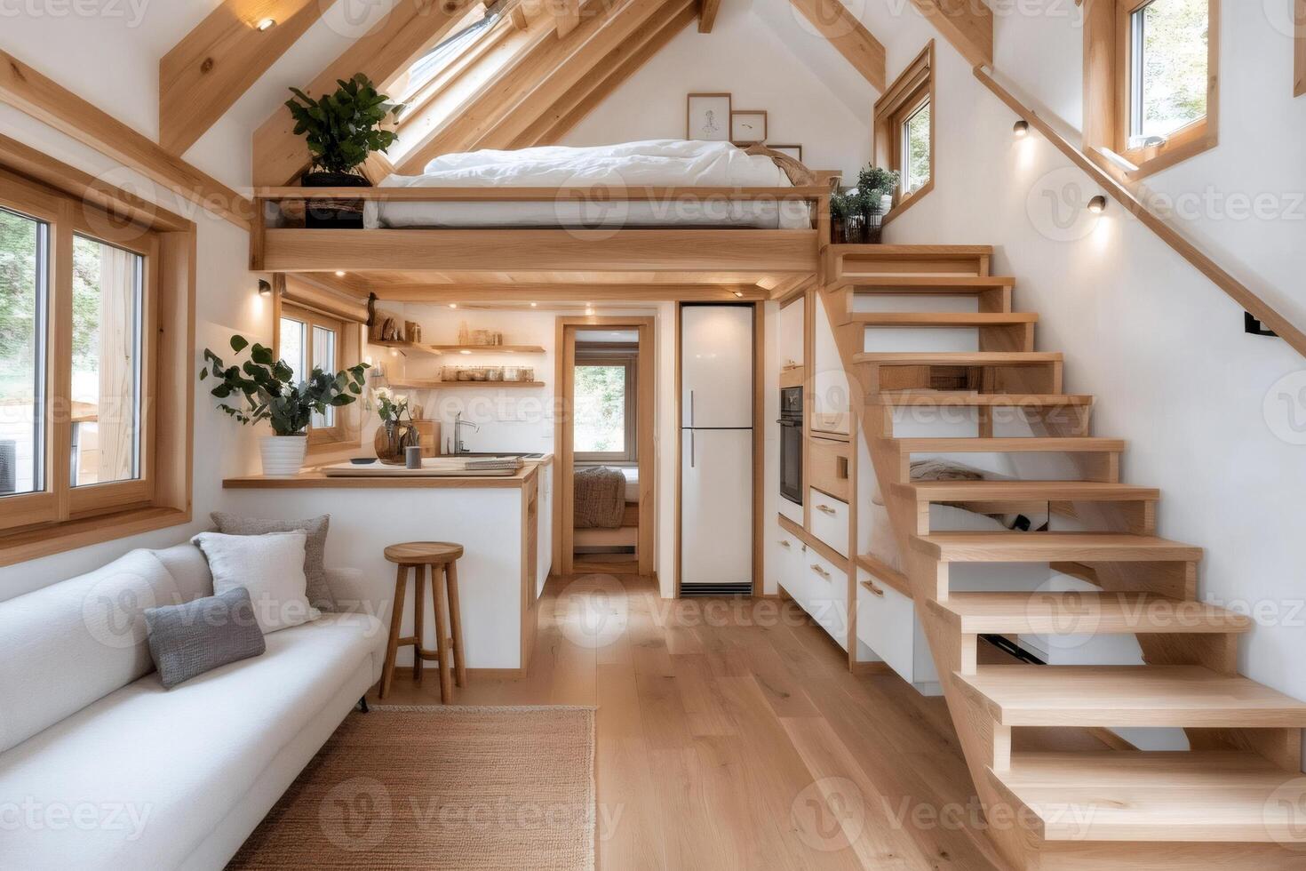 Modern tiny house interior showcasing minimalist design with loft bedroom and wooden staircase photo