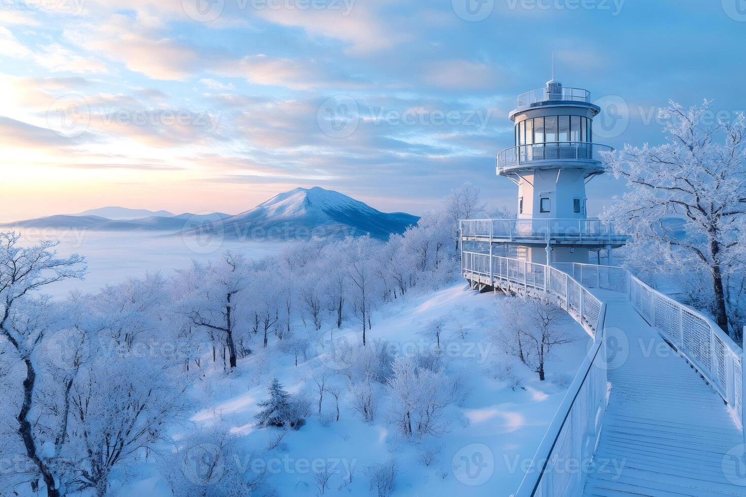 Sunrise illuminating snowy landscape and observation tower in winter photo