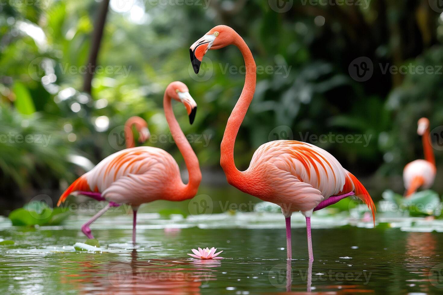 Pink flamingos standing in water with green vegetation in background photo