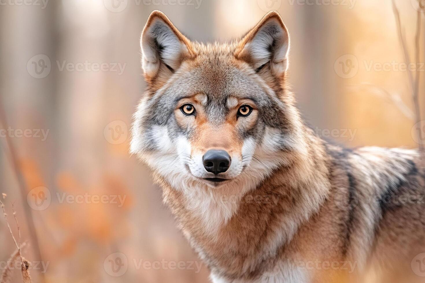 Eurasian wolf looking intensely in the forest during autumn photo