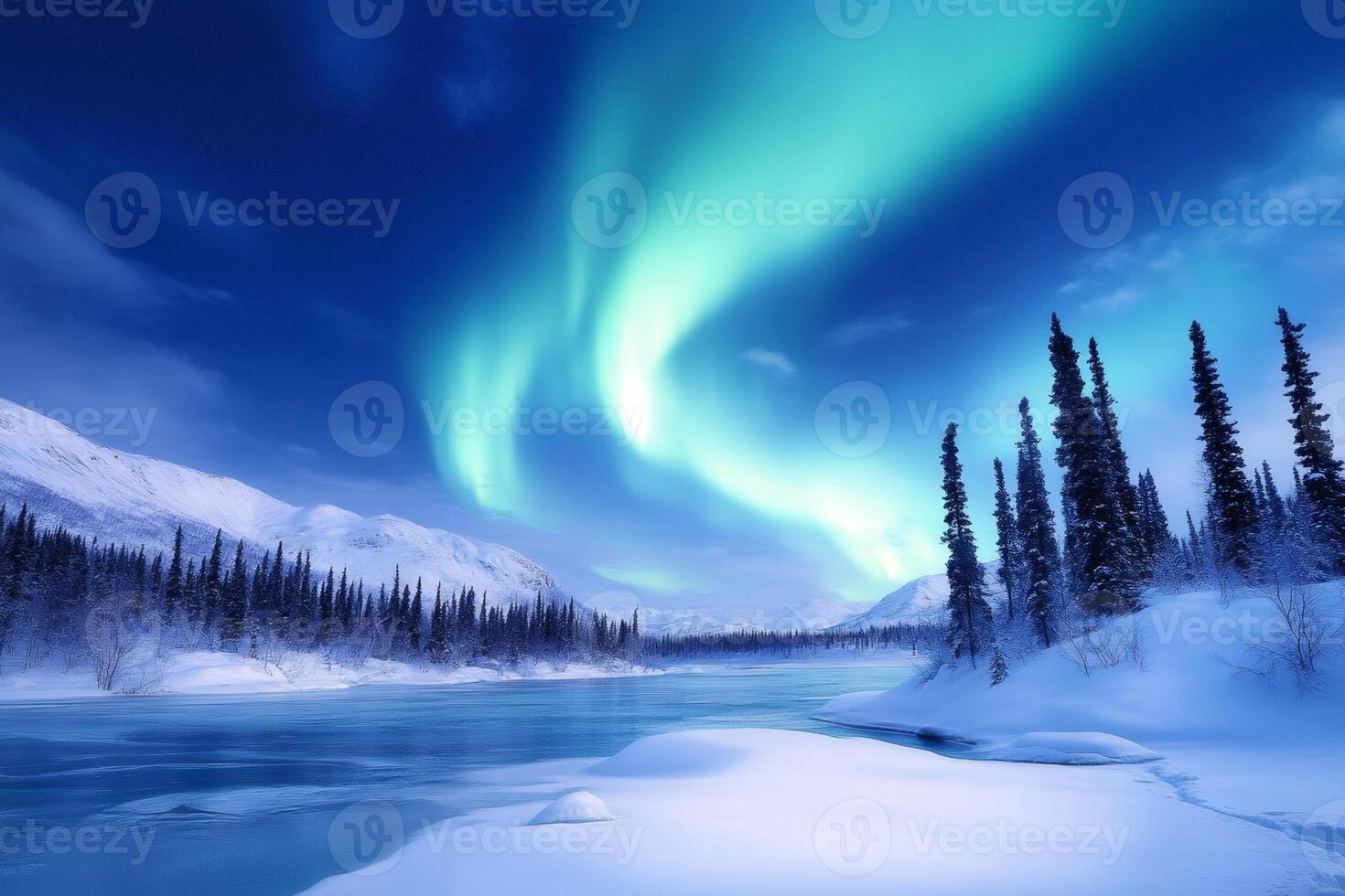 Aurora borealis illuminating snowy landscape with frozen river and pine trees photo