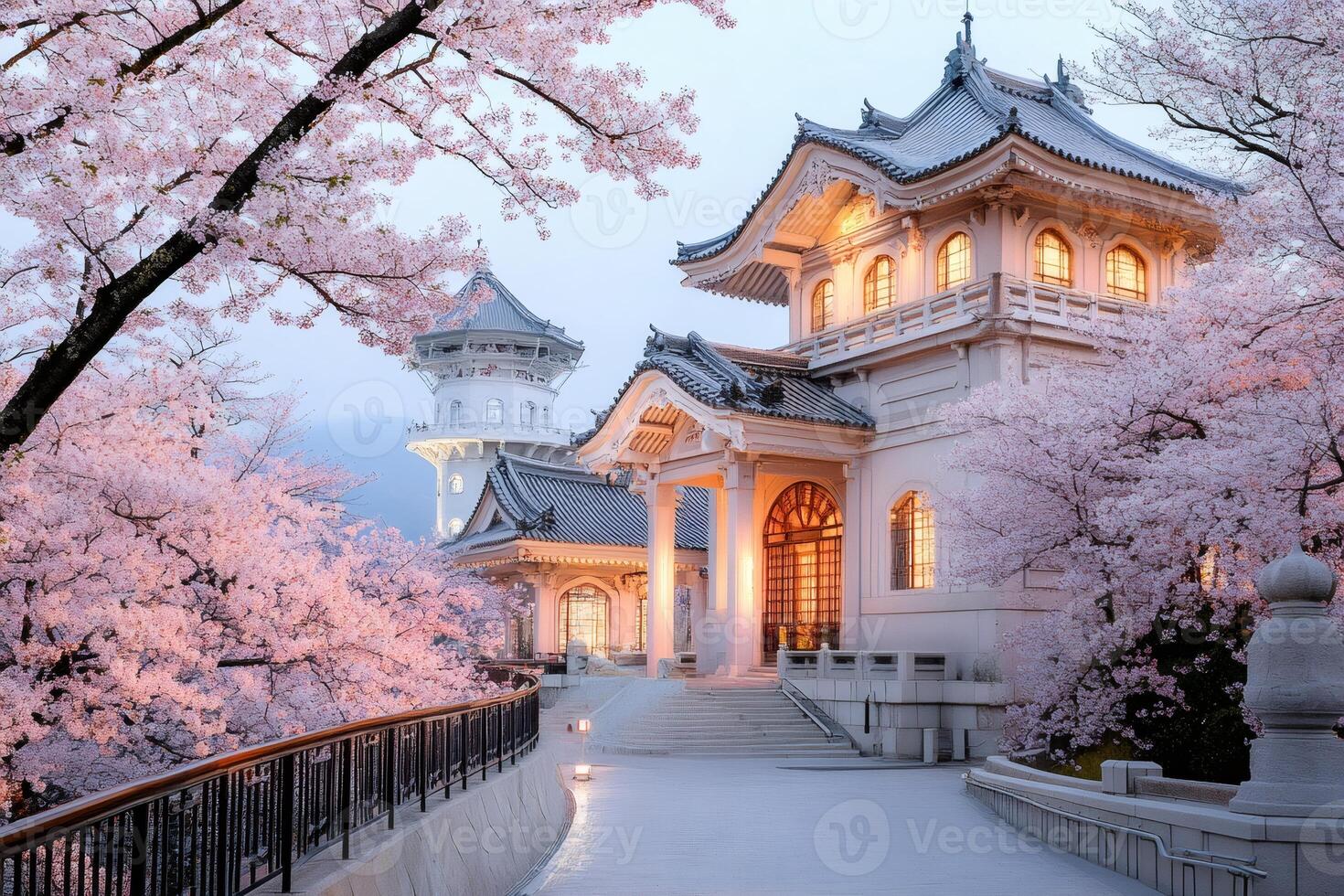 Japanese architecture surrounded by cherry blossoms in full bloom at dusk photo