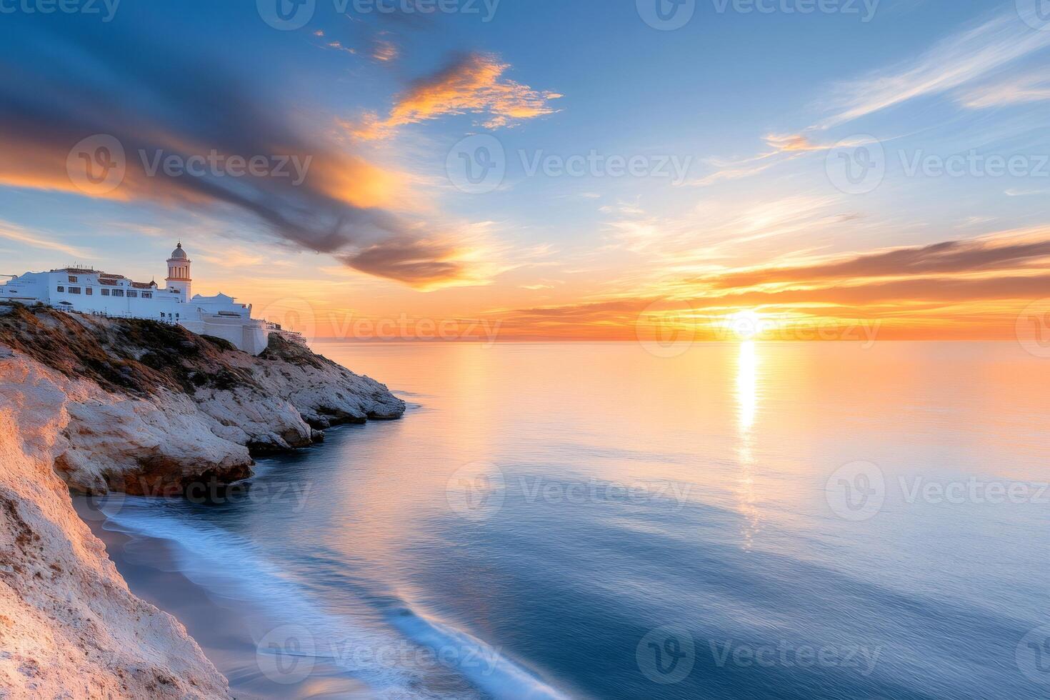 Sunrise over the Mediterranean Sea illuminating the cliffs and Cala Merced beach in Zahara de los Atunes photo