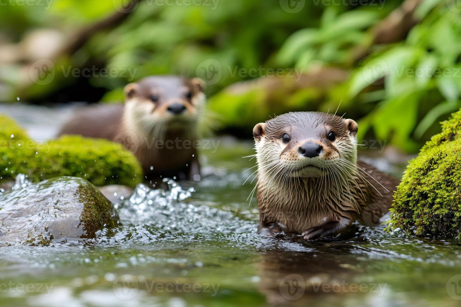 Two playful otters swimming in a pristine river photo