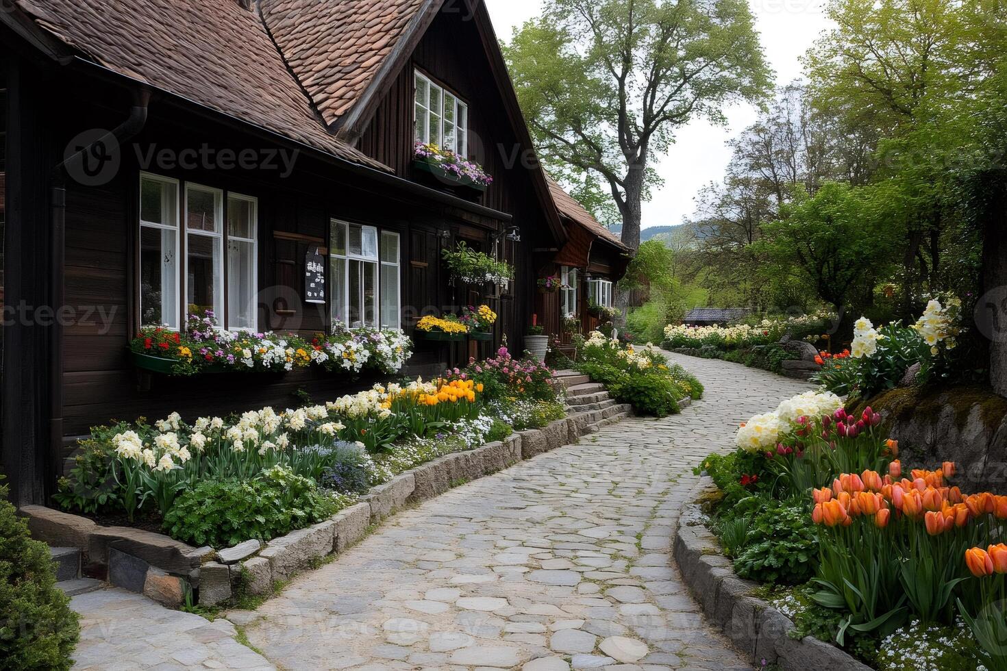 Blooming tulips and daffodils decorating a cobblestone path leading to a charming wooden house photo
