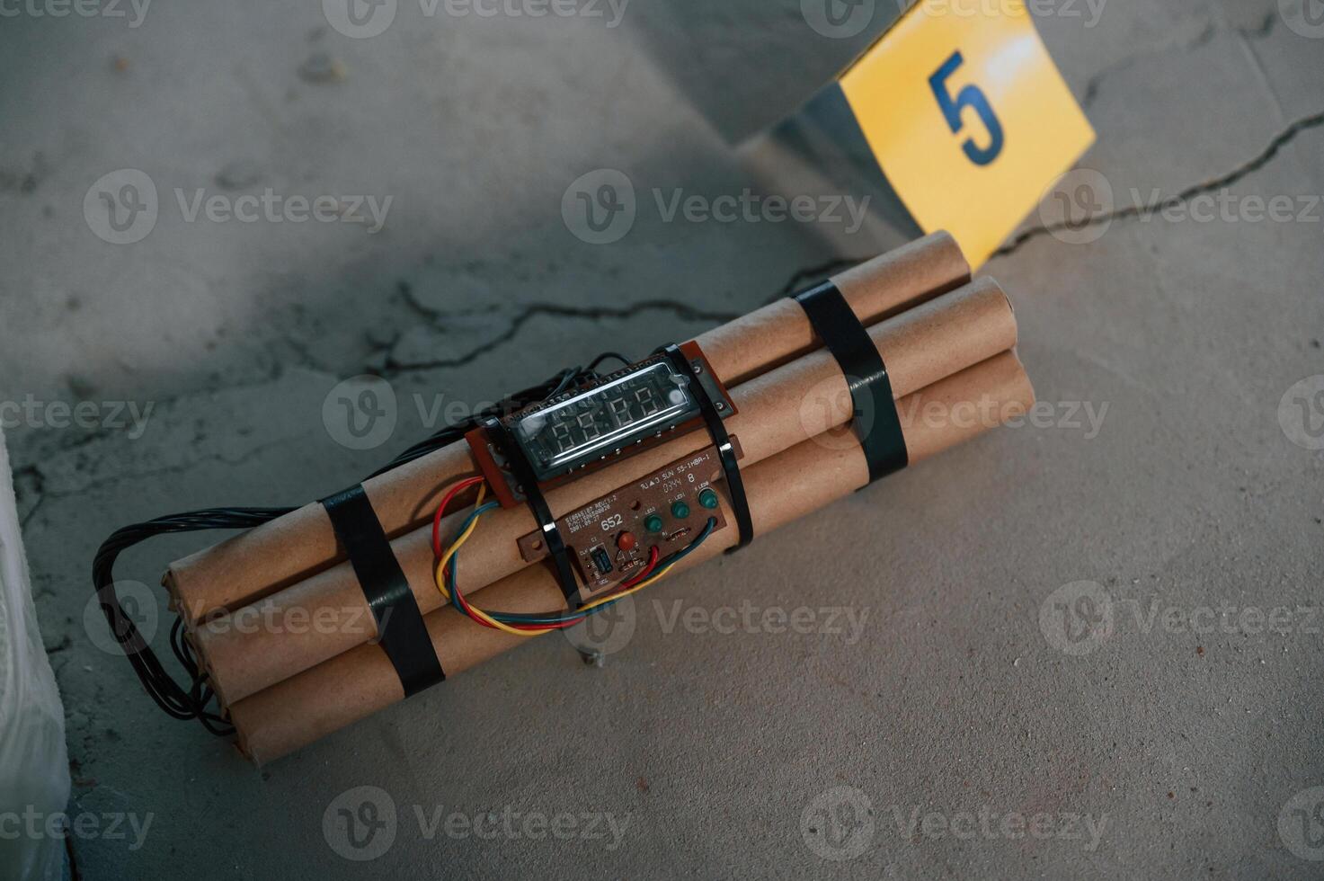 Clue, number five. Explosive bomb is indoors. Police investigation. Conception of terror photo