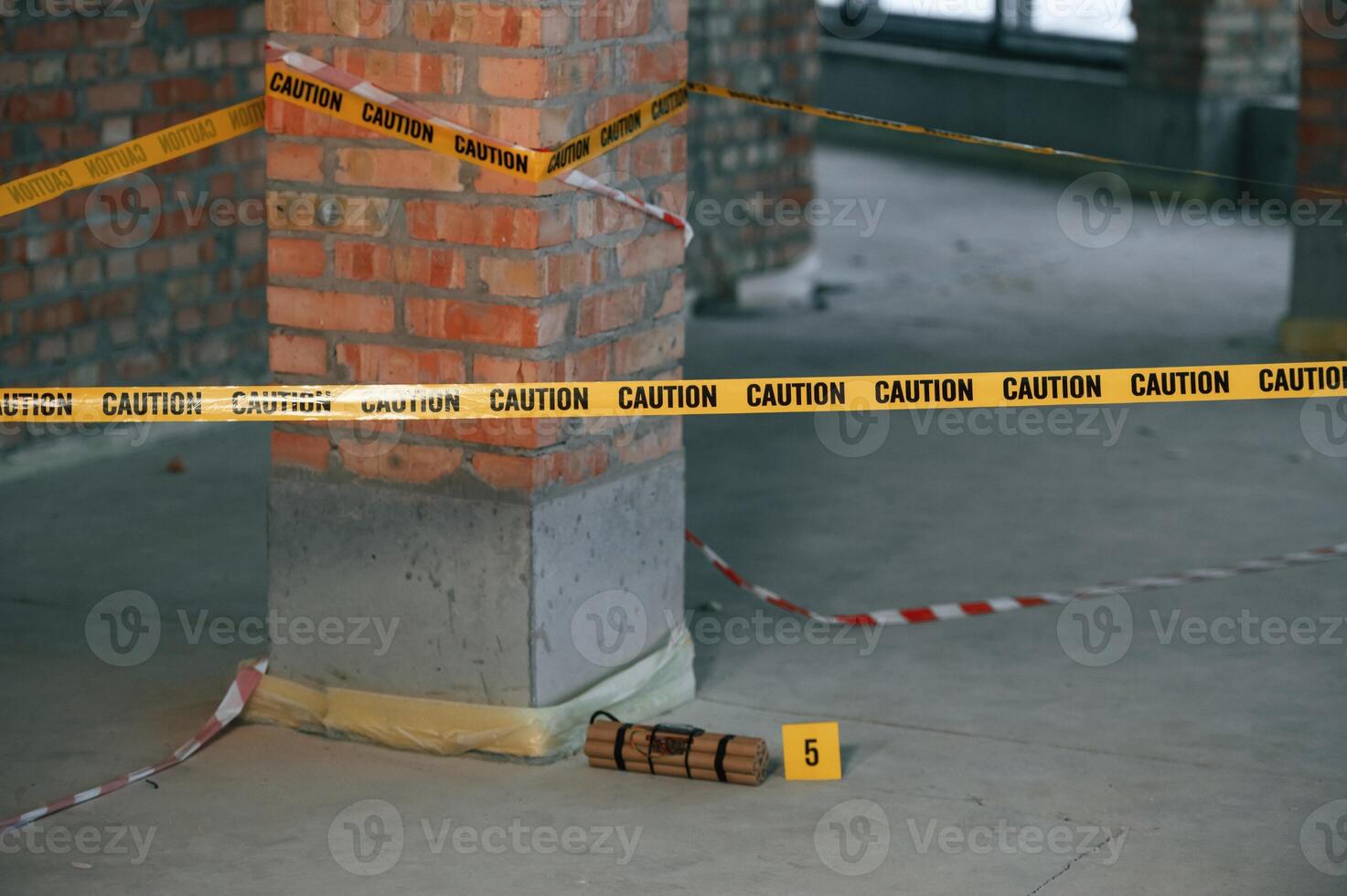 Clue, number five. Explosive ,bomb is indoors. Police investigation. Conception of terror photo