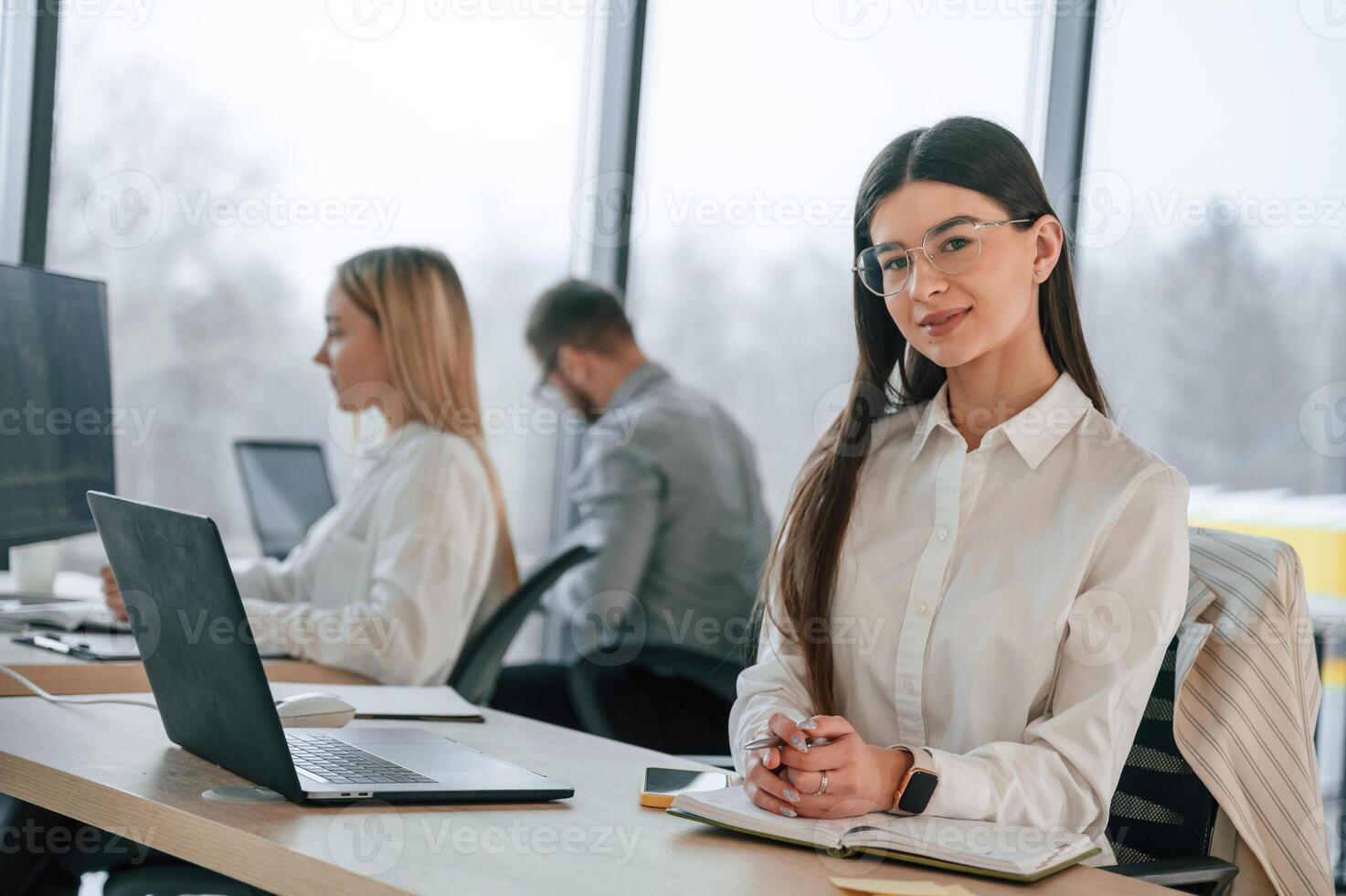 Woman is sitting ,by a table with laptop. Successful team are working together in the office. Conception of business photo