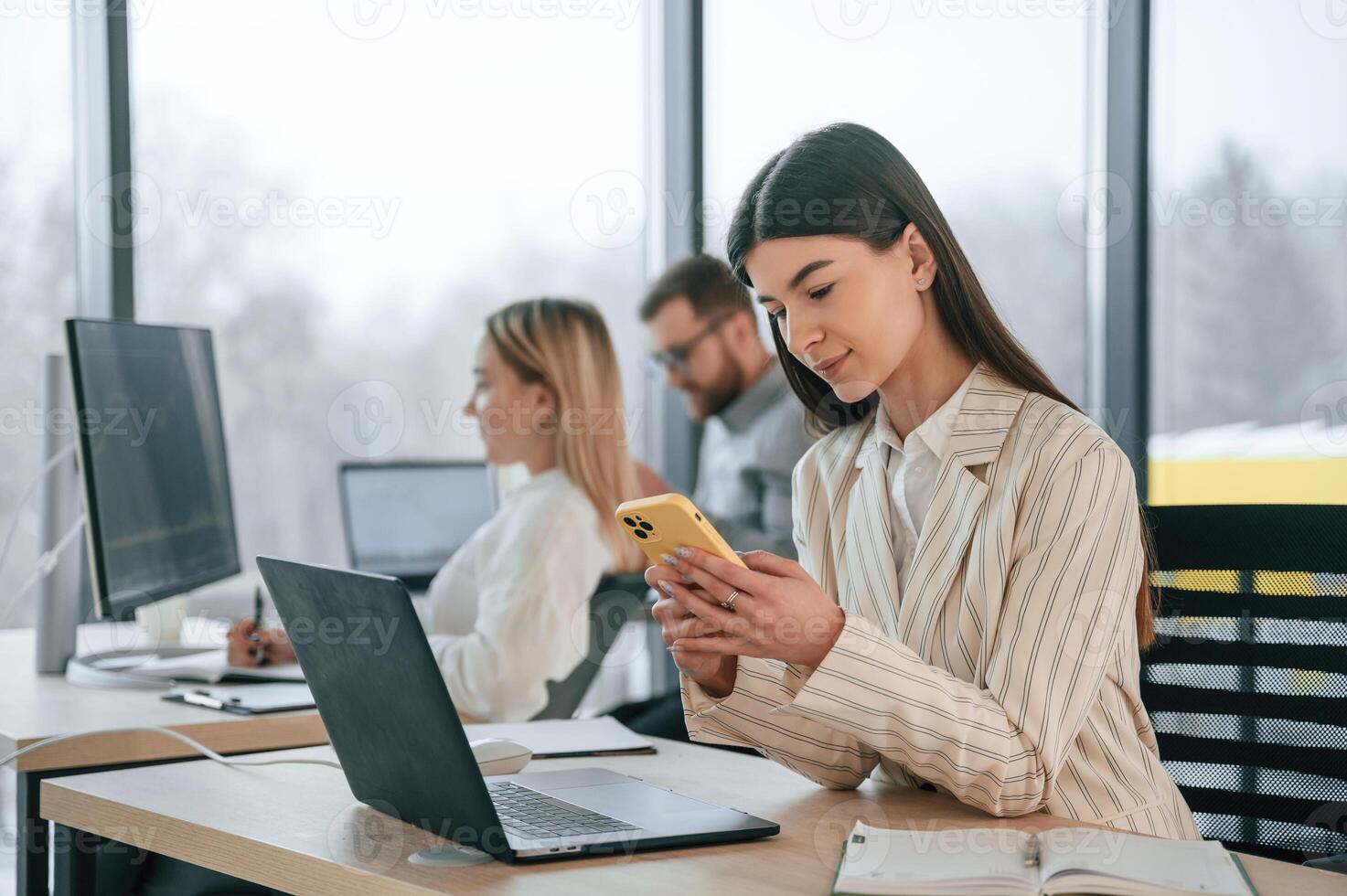 Woman is, sitting by a table with laptop. Successful ,team are working together in the office. Conception of business photo