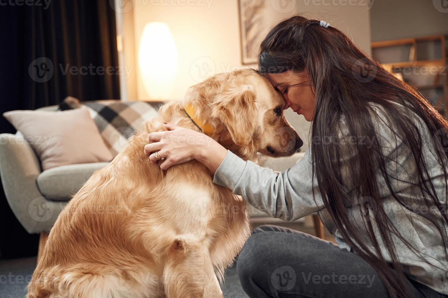 Close up view,, portrait. Woman is with golden, retriever dog at home photo