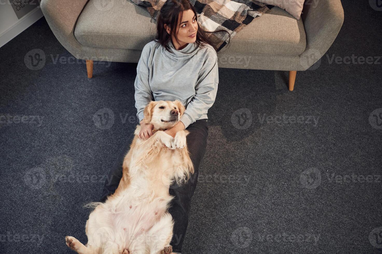 Top view. Animal is lying down, happy. Woman is with golden retriever dog at home photo