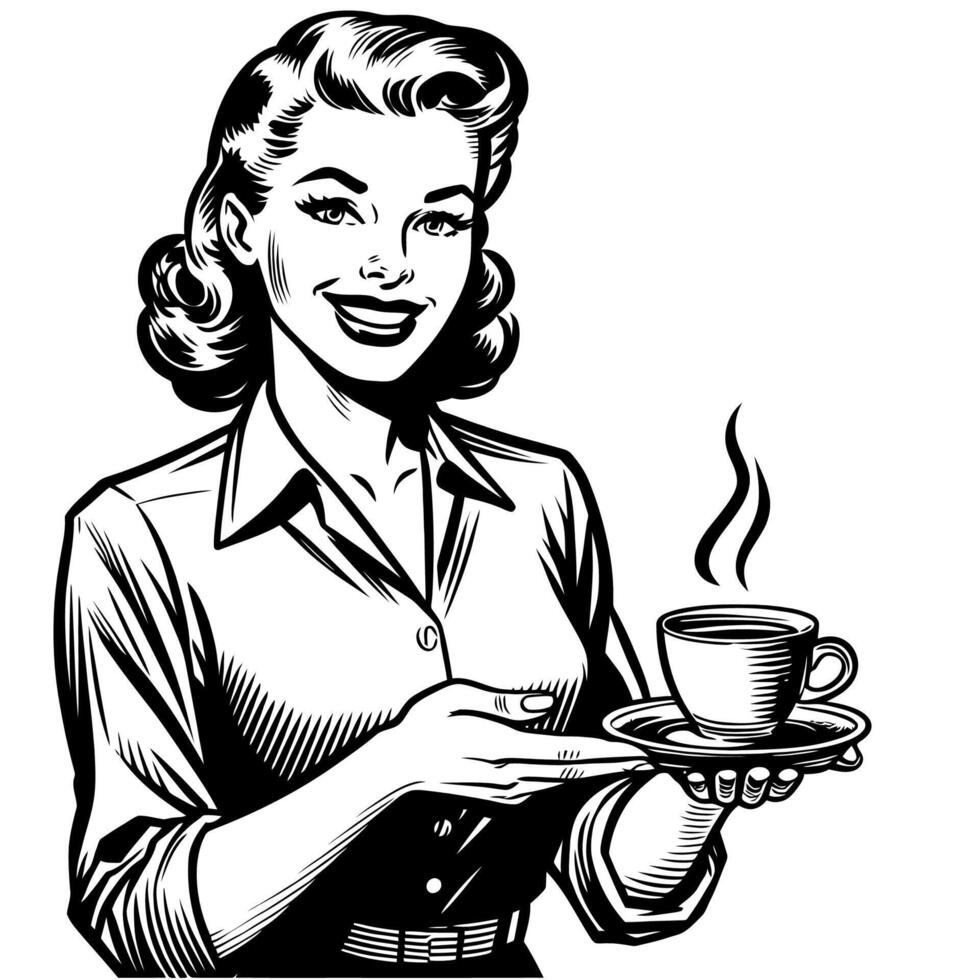 Retro 1940s Woman Offering a Cup of Coffee Minimalist Line Drawing vector