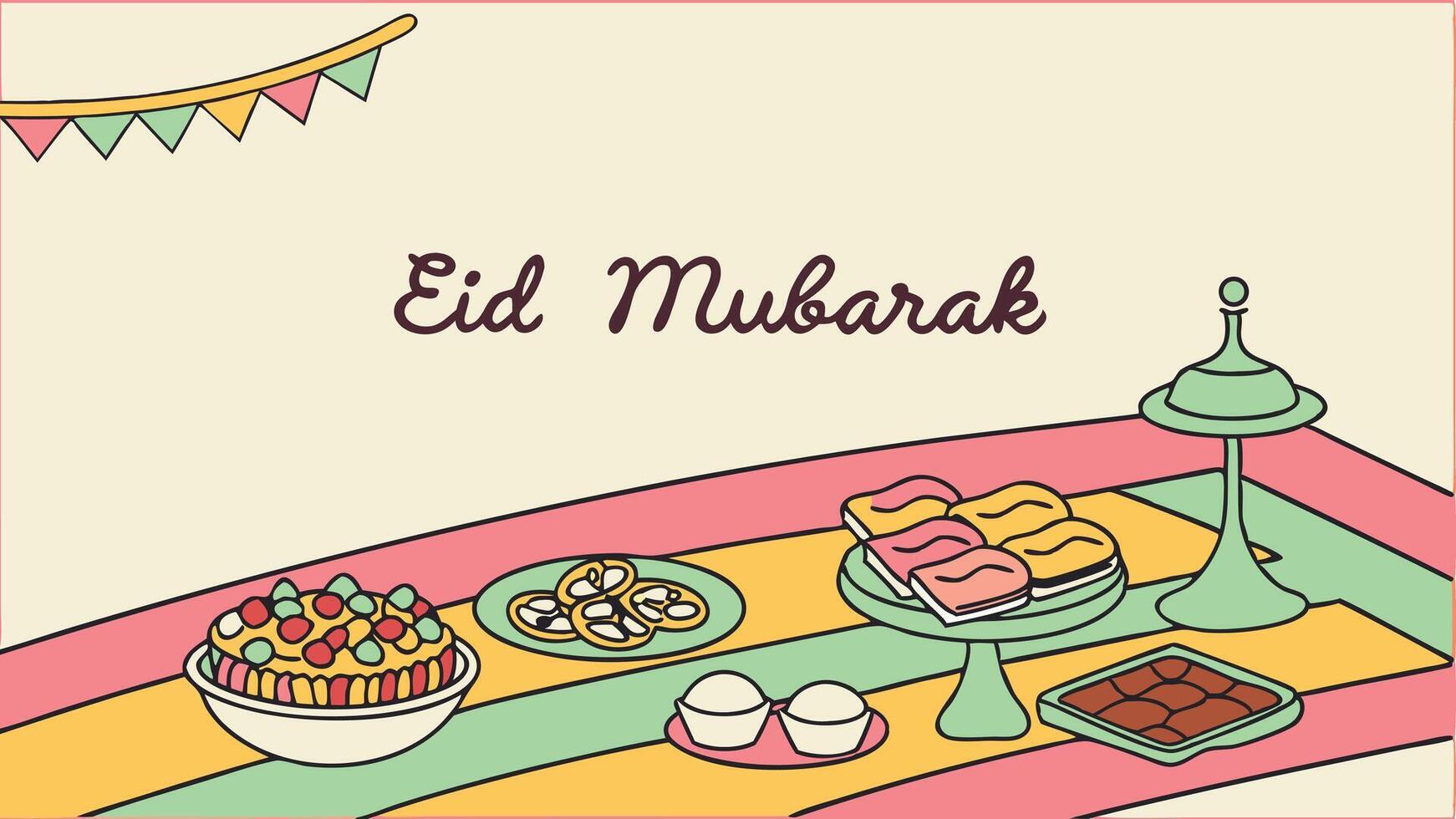 Eid Mubarak Celebration Banner with Traditional Feast Table Showcasing Festive Spirit and Culinary Delights vector