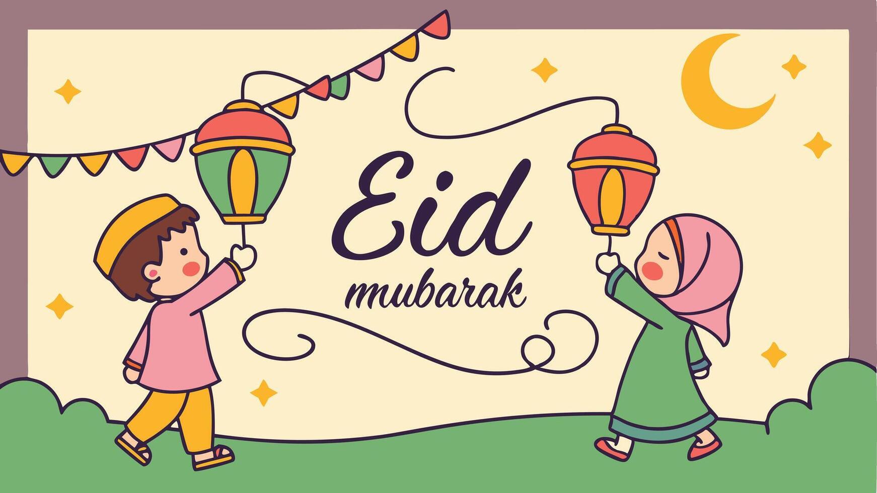 Children Holding Lanterns Illuminating the Night in a Festive Banner Display vector