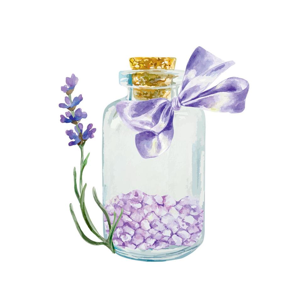 Lavender salt in a bottle with a bow and a sprig of lavender flower, watercolor. Hand drawn illustration. For the design of labels, banners for spa salons, posters, invitations, postcards. vector