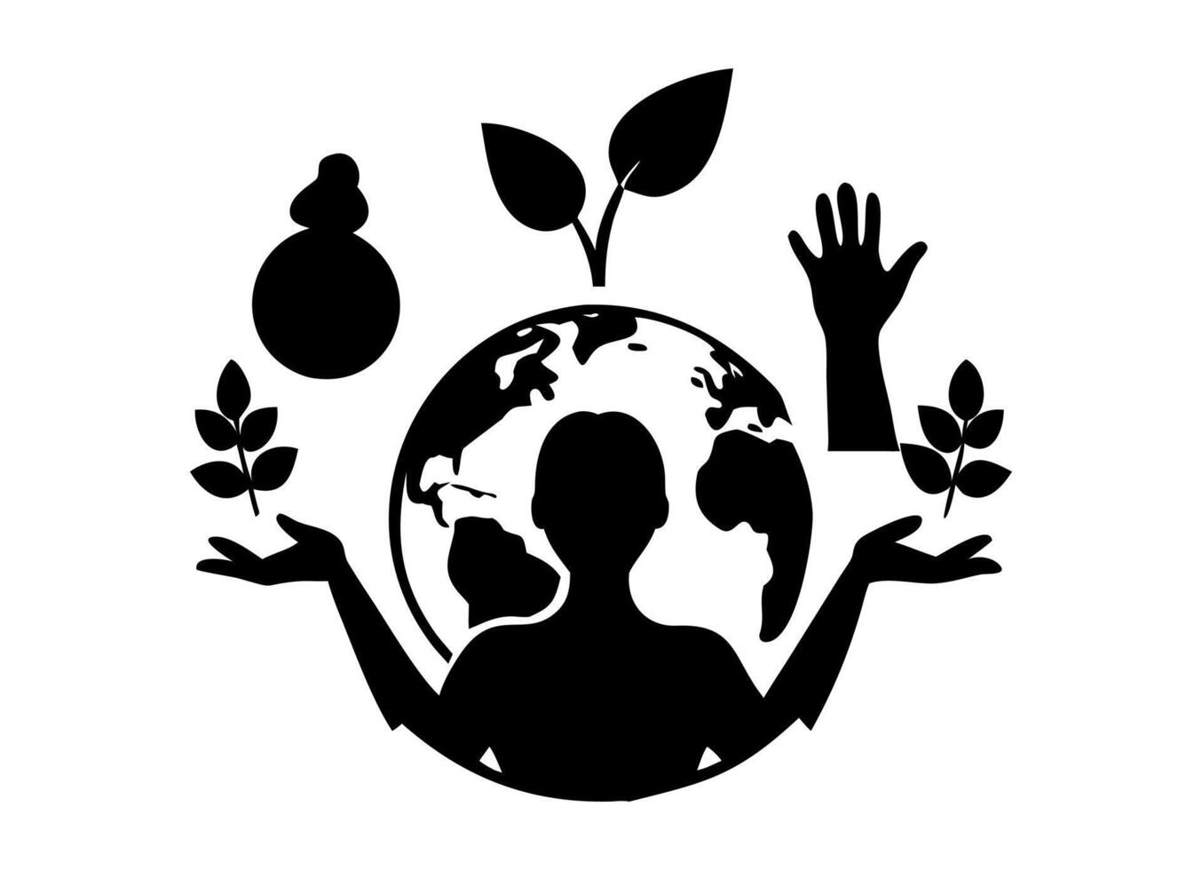 A simple, black and white silhouette of a woman's profile, adorned with stylized leaves and a small plant. Female profile silhouette with plant, representing a zodiac sign. vector