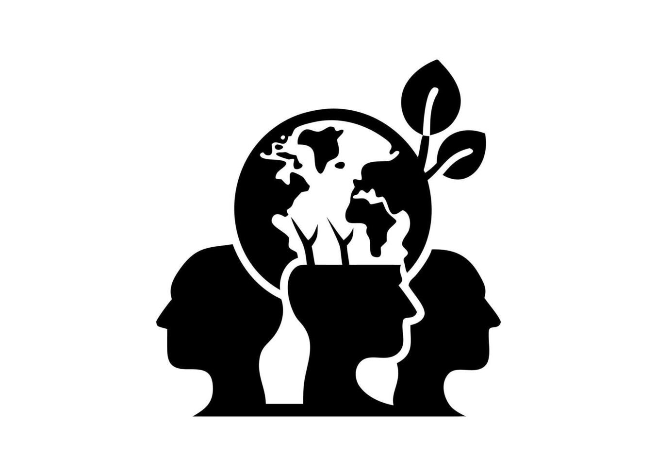 A stylized illustration of a human profile, encompassing the Earth, with plants and an energy light bulb icon. vector