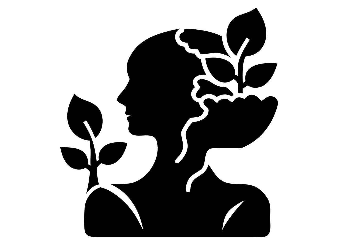A black and white silhouette illustration depicts two profile heads with a world map and a figure within the circle between them. vector