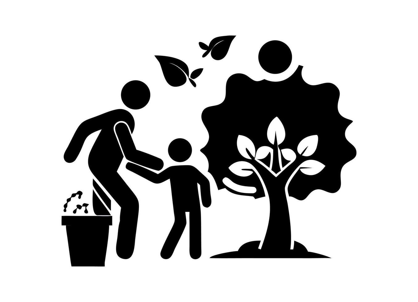This black and white graphic depicts a parent and child working together to plant a tree. vector