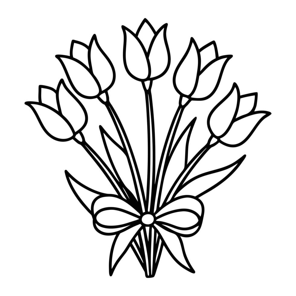 Elegant Line Art Tulip Bouquet with Ribbon vector