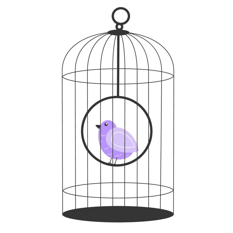 Small Purple Songbird in a Modern Wire Birdcage, Flat Style Illustration on a White Background vector