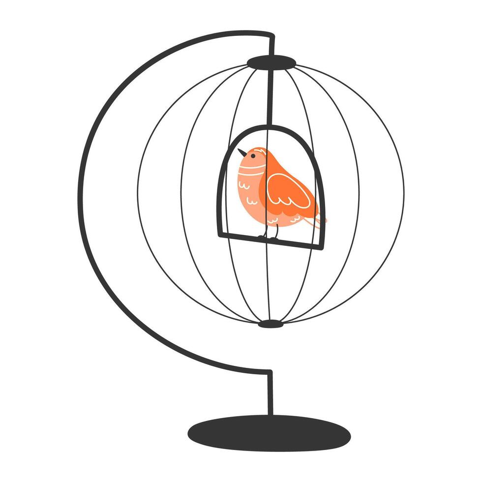 Orange Songbird Sitting on a Swing in a Hanging Spherical Wire Birdcage, Flat Style Illustration on a White Background vector
