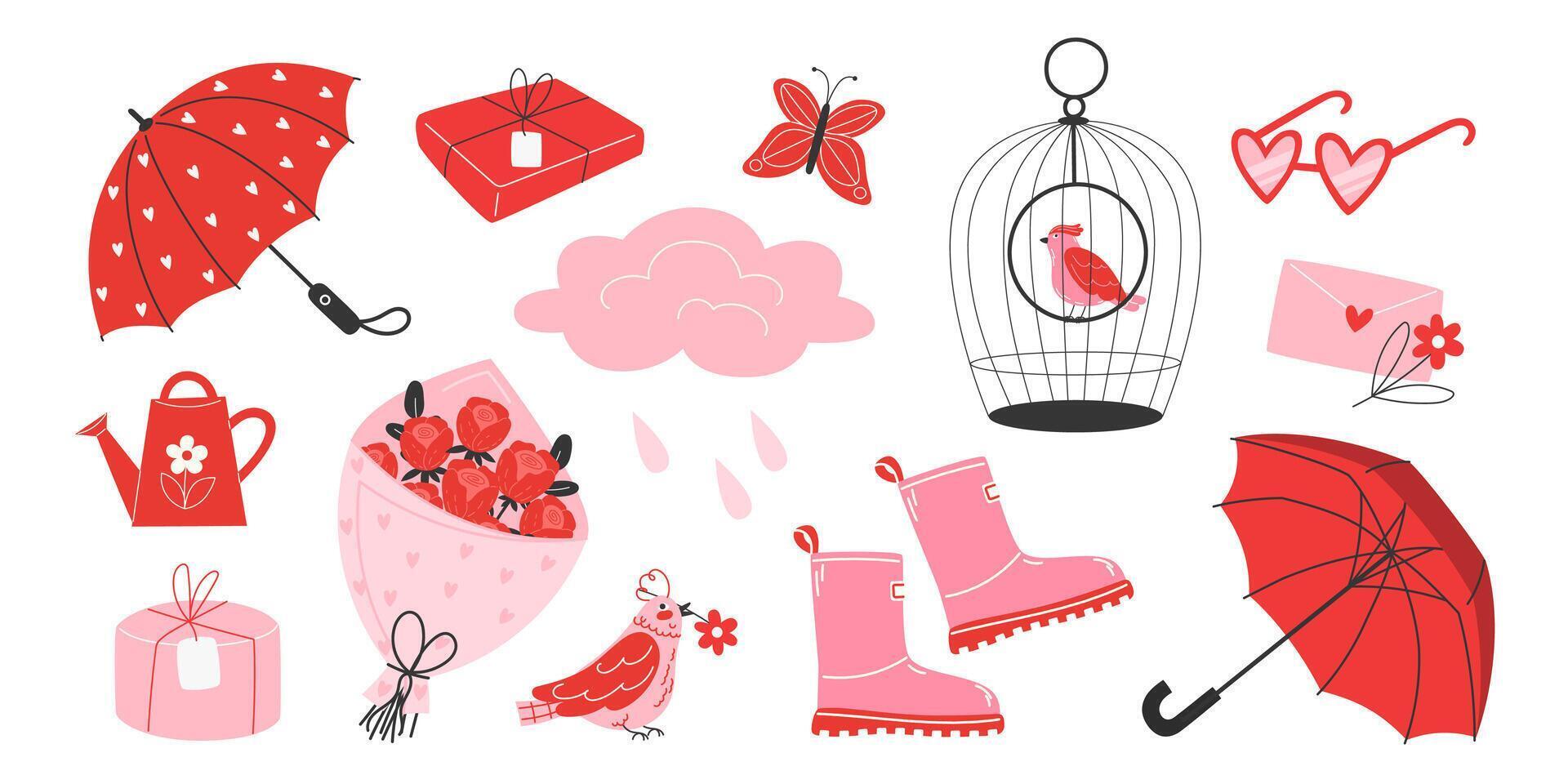 Charming Spring Clipart Collection in Pink and Red Tones with Floral Bouquet, Umbrella, Birdcage, Cloud, Watering Can, Rubber Boots, and Sunglasses vector