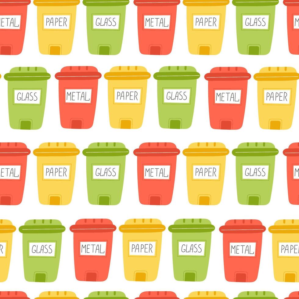 Flat Style Seamless Pattern Featuring Waste Sorting Containers for Paper, Metal, and Glass on a White Background vector