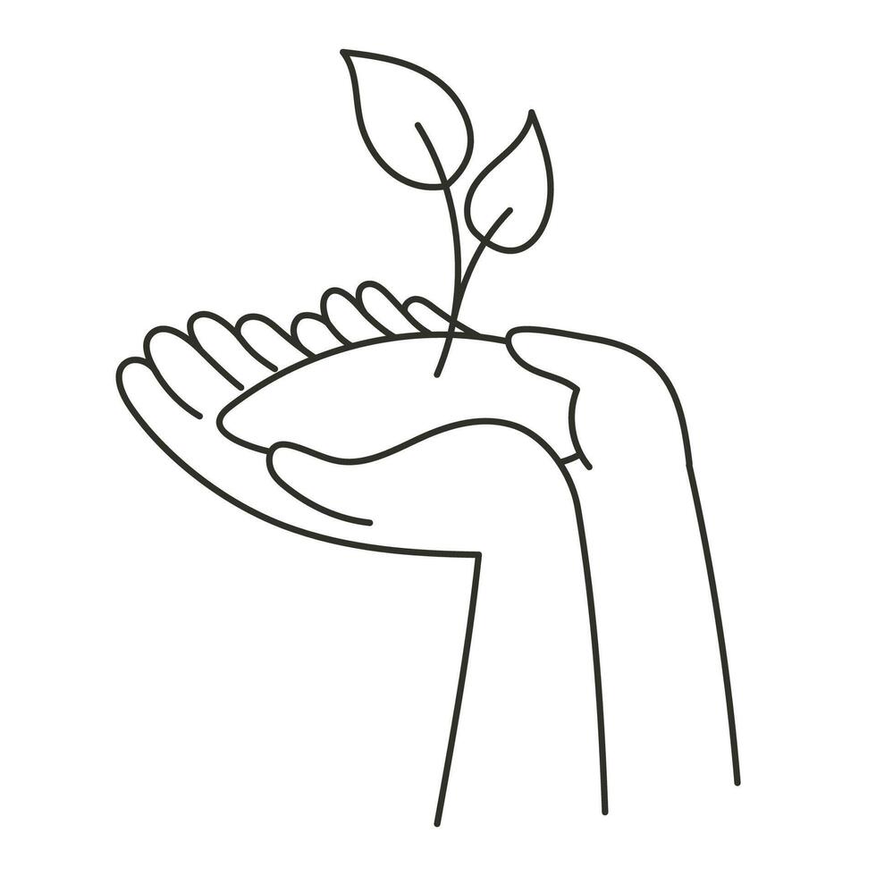 Hands Holding Soil with Growing Seedling and Grow Your Own Message in Black and White Linear Illustration vector