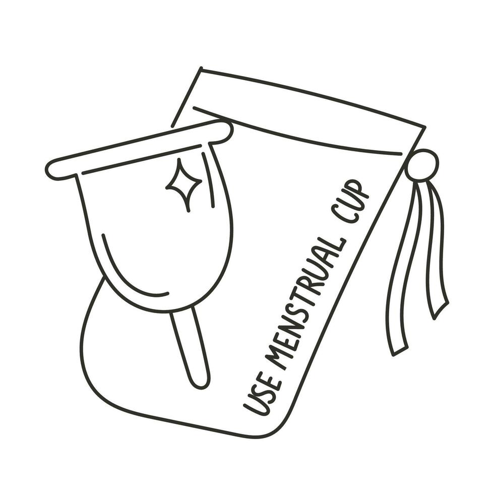 Menstrual Cup with Storage Bag and Use Menstrual Cup Message. Black and White Linear Illustration vector