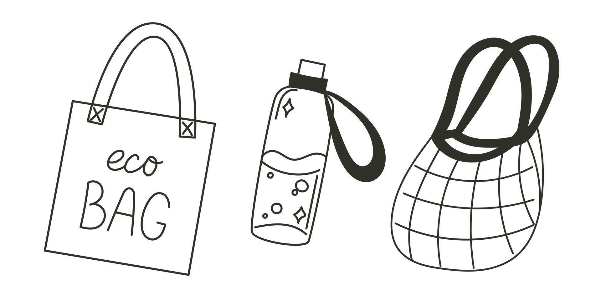Black and White Linear Illustration of a Tote Bag and Reusable Glass Bottle vector