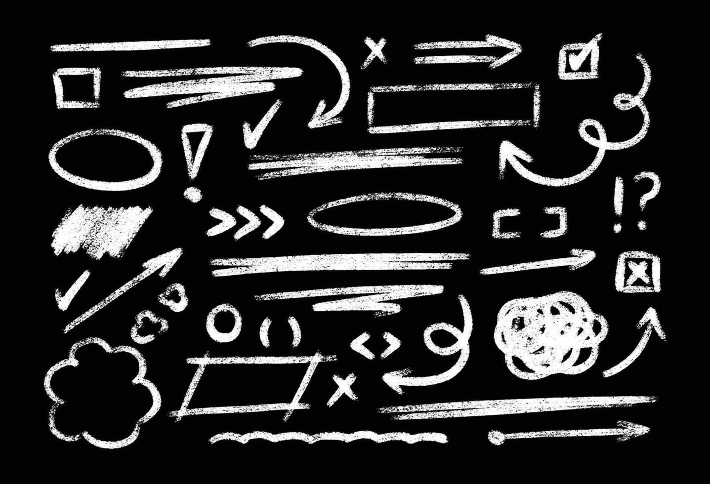 White chalk hand drawn design accents on blackboard - arrows, lines, circles, scribbles. vector