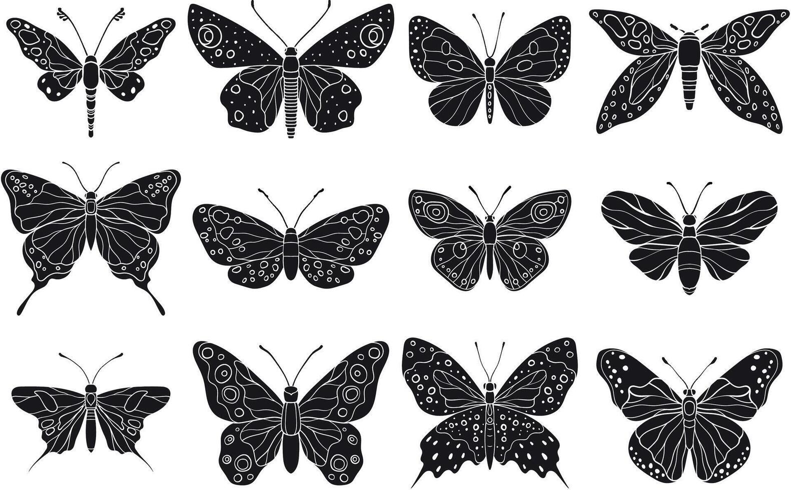 A illustration of silhouette butterflies with intricate wing patterns, showcasing a variety of artistic and natural designs vector