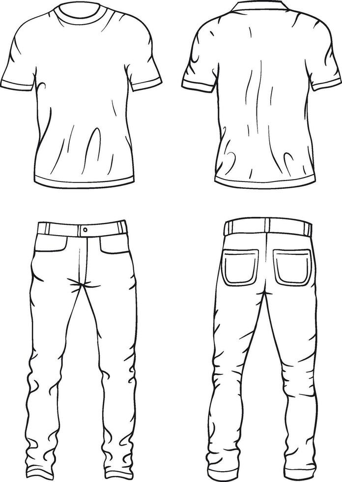 Outline illustration of a casual outfit featuring a plain white T-shirt and classic jeans, in both front and back views, fabric folds, seams, and stitching details vector
