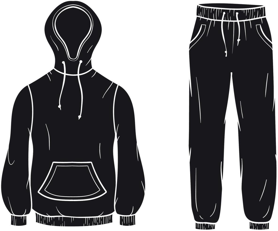 illustration of a silhouette tracksuit of a hooded sweatshirt with a front pocket and drawstrings, with matching jogger pants featuring an elastic waistband and side pockets on white background vector