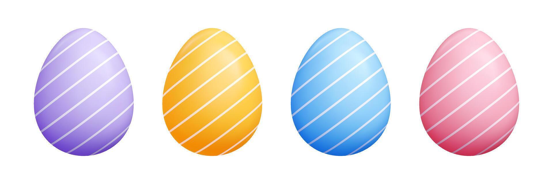 Diagonal striped 3D Easter eggs set - pastel purple, yellow, blue, red oval shapes with white slanted lines pattern. vector