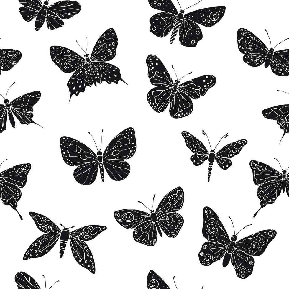 A seamless pattern of silhouette butterflies with intricate wing patterns, showcasing a variety of artistic and natural designs, illustration vector