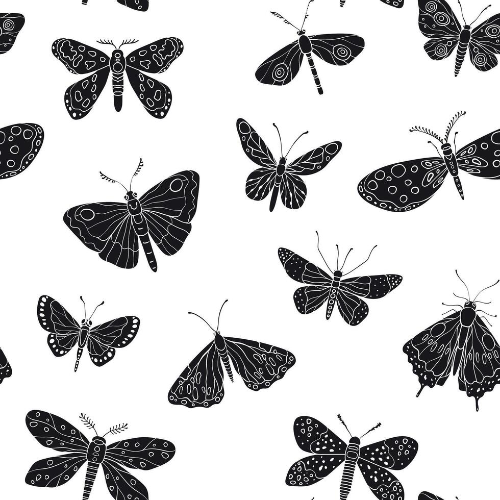 Seamless pattern with intricately designed butterflies and moths in silhouette, showcasing diverse wing patterns and artistic detailing, illustration vector