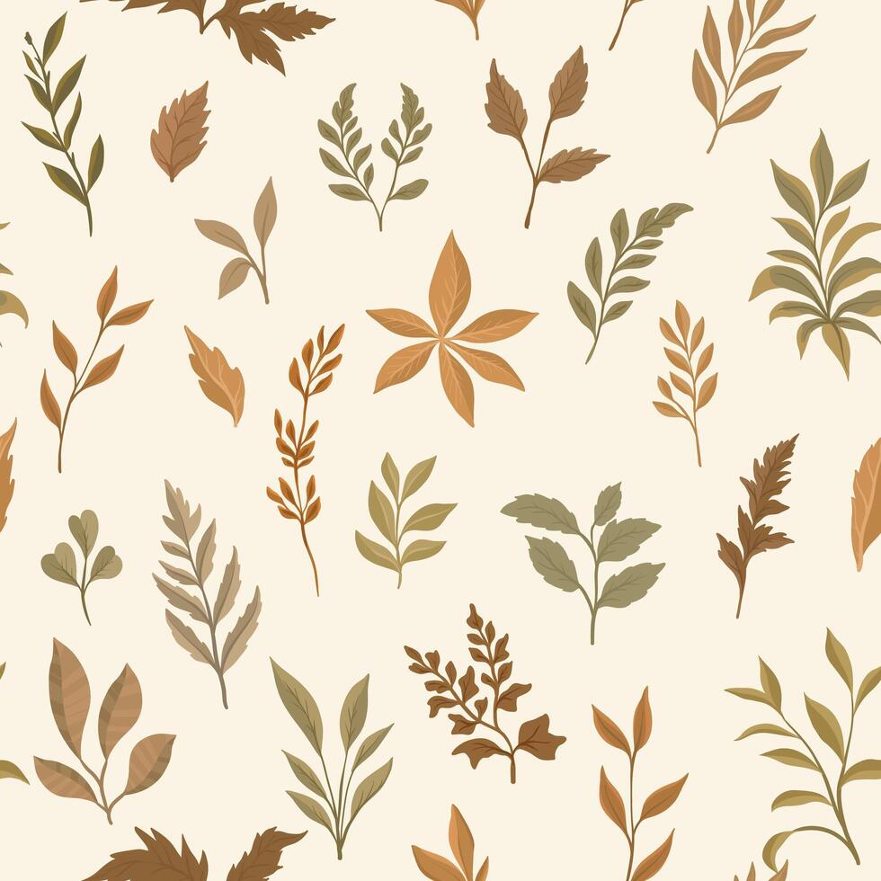 A seamless pattern featuring various autumn leaves in different shapes and shades, creating a fresh and natural botanical design vector