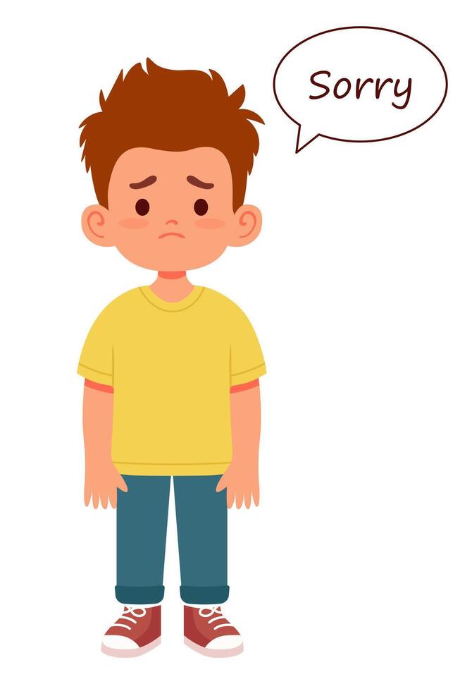 Cute sad boy asking for forgiveness saying SORRY vector